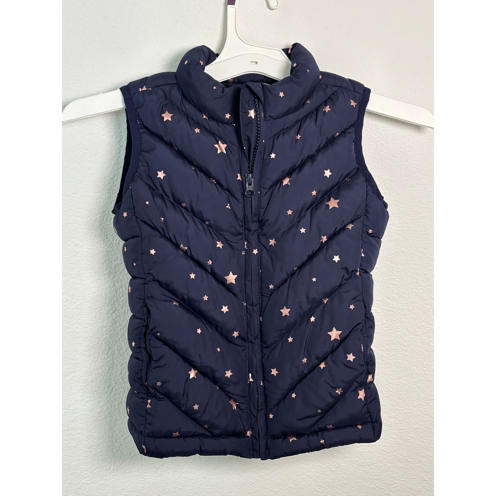 Gap Kids Navy Blue Rose Gold Metallic Star Puffer Vest Small S 6-7 Chevron Zip
